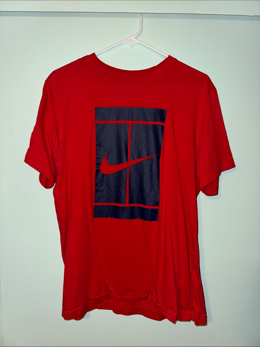 Nike Red Short-Sleeve Tee with Navy Tennis Court Swoosh Graphic
